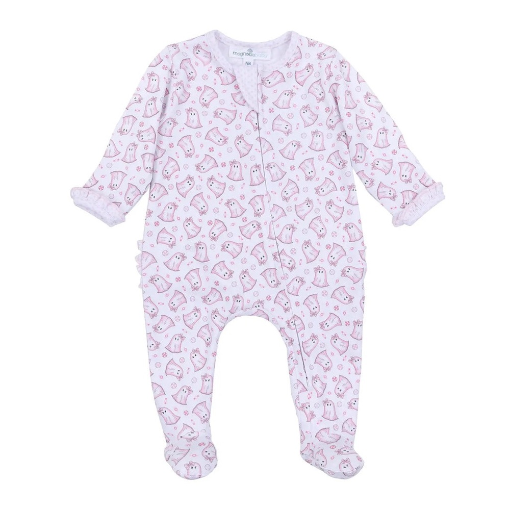 Magnolia Baby My Little Boo Pink Printed Ruffle Zipper Footie - Picture 4 of 5